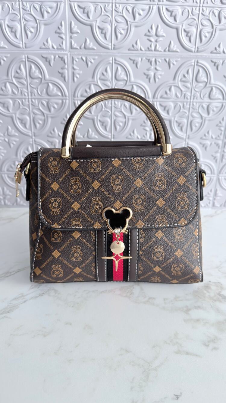 Mickey Mouse Charm Satchel Bag Women’s Tote Handbag Brown Gold NWT